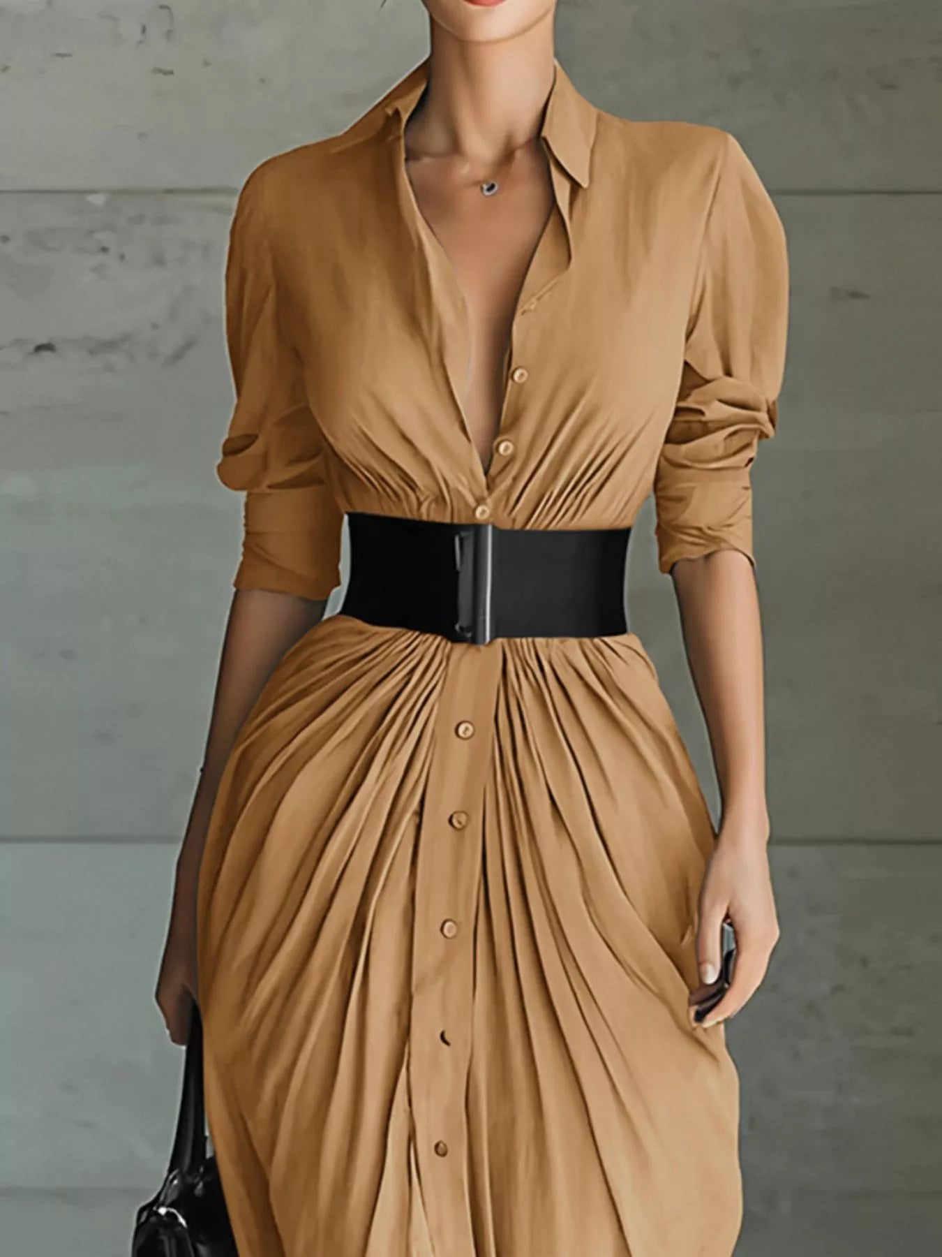 Full Size Button Front Ruched Shirt Maxi Dress Plus Size-Nordavory