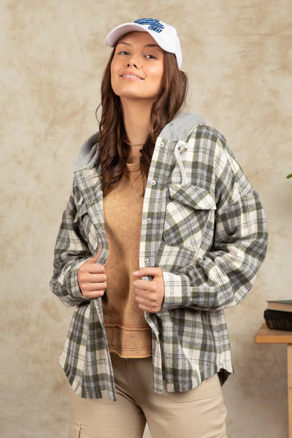 Drawstring Plaid Long Sleeve Hooded Jacket-Nordavory