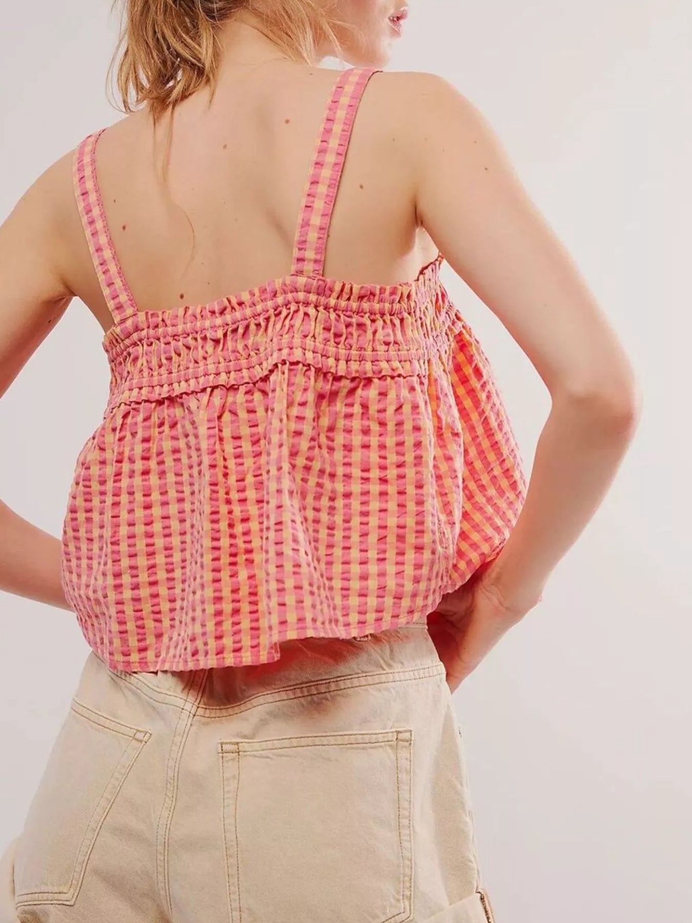 Smocked Gingham Tie-Front Cami-Nordavory