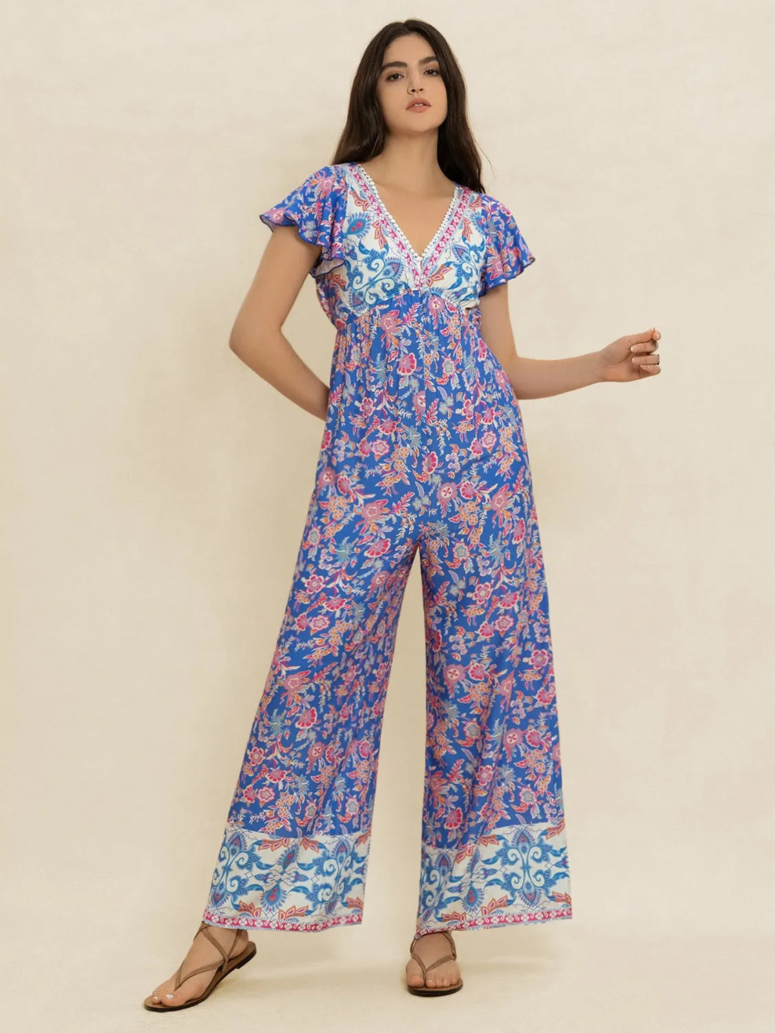 Printed V-Neck Wide Leg Jumpsuit-Nordavory