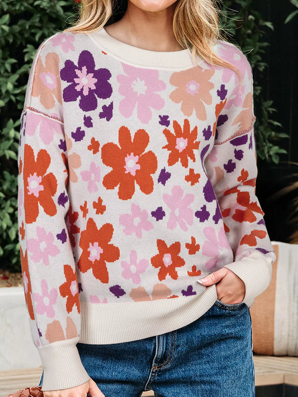 Floral Pattern Drop Shoulder Sweater-Nordavory