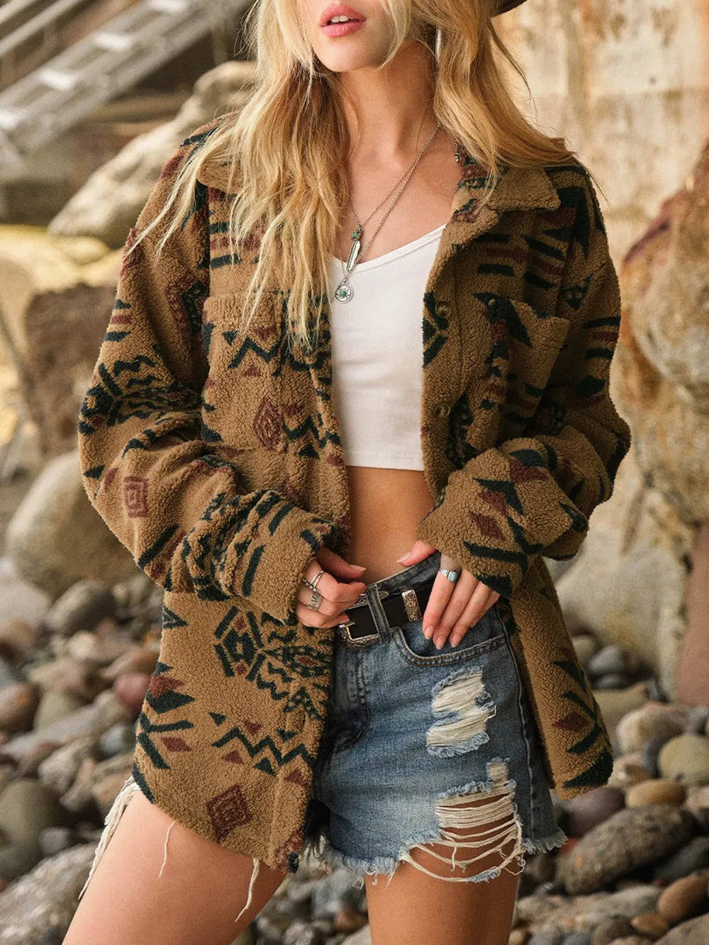 Geometric Button Up Long Sleeve Sherpa Jacket-Nordavory