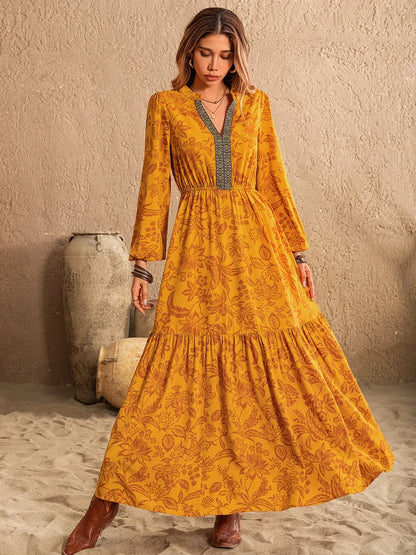 Printed Notched Balloon Sleeve Dress-Nordavory