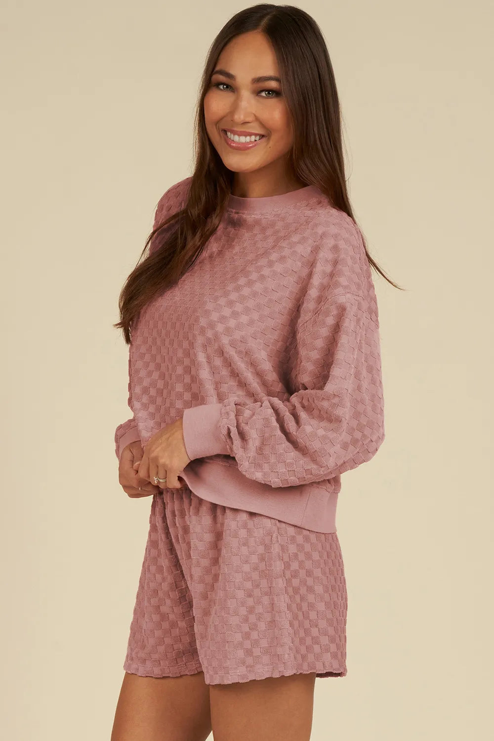 Round Neck Long Sleeve Checkered Top and Shorts Set-Nordavory
