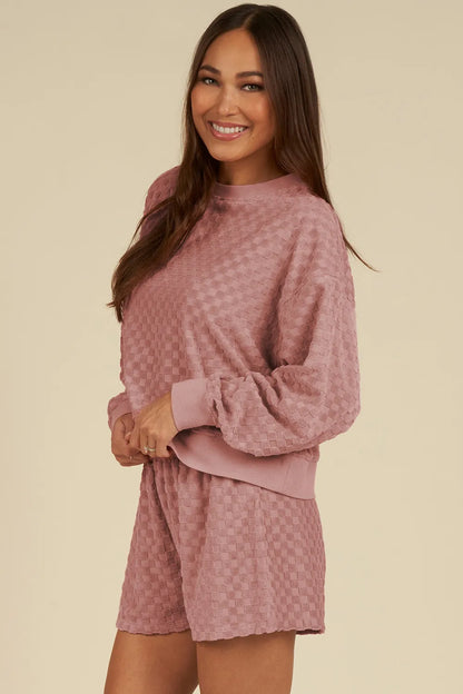 Round Neck Long Sleeve Checkered Top and Shorts Set-Nordavory