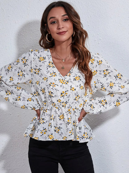 Floral V-Neck Balloon Sleeve Peplum Blouse-Nordavory