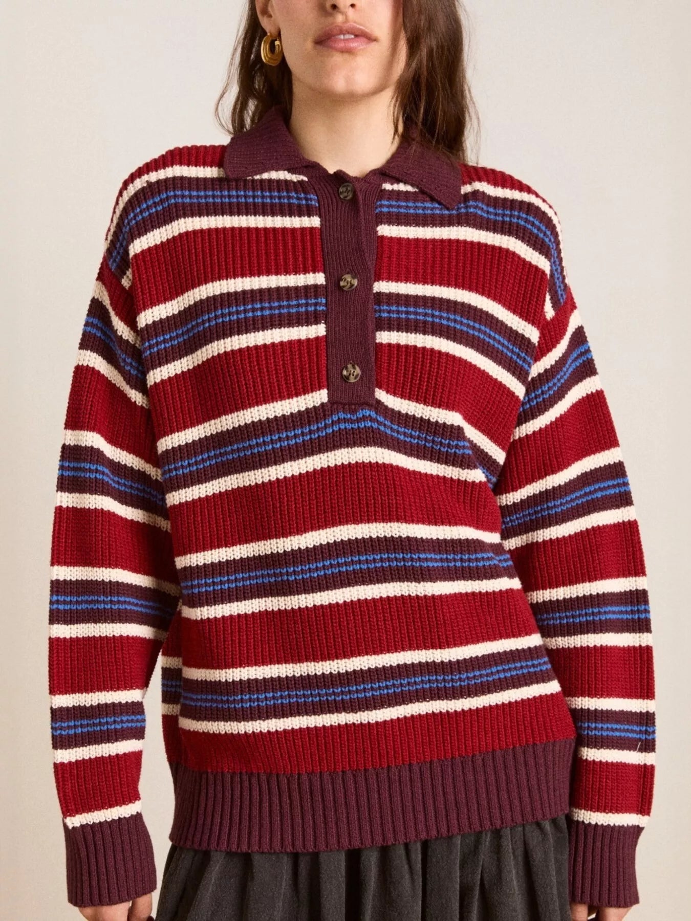 Striped Button Detail Polo Collar Sweater-Nordavory