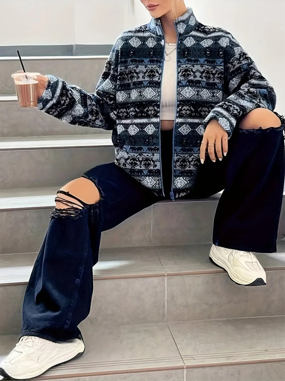 Geometric Turtleneck Zip Up Jacket-Nordavory