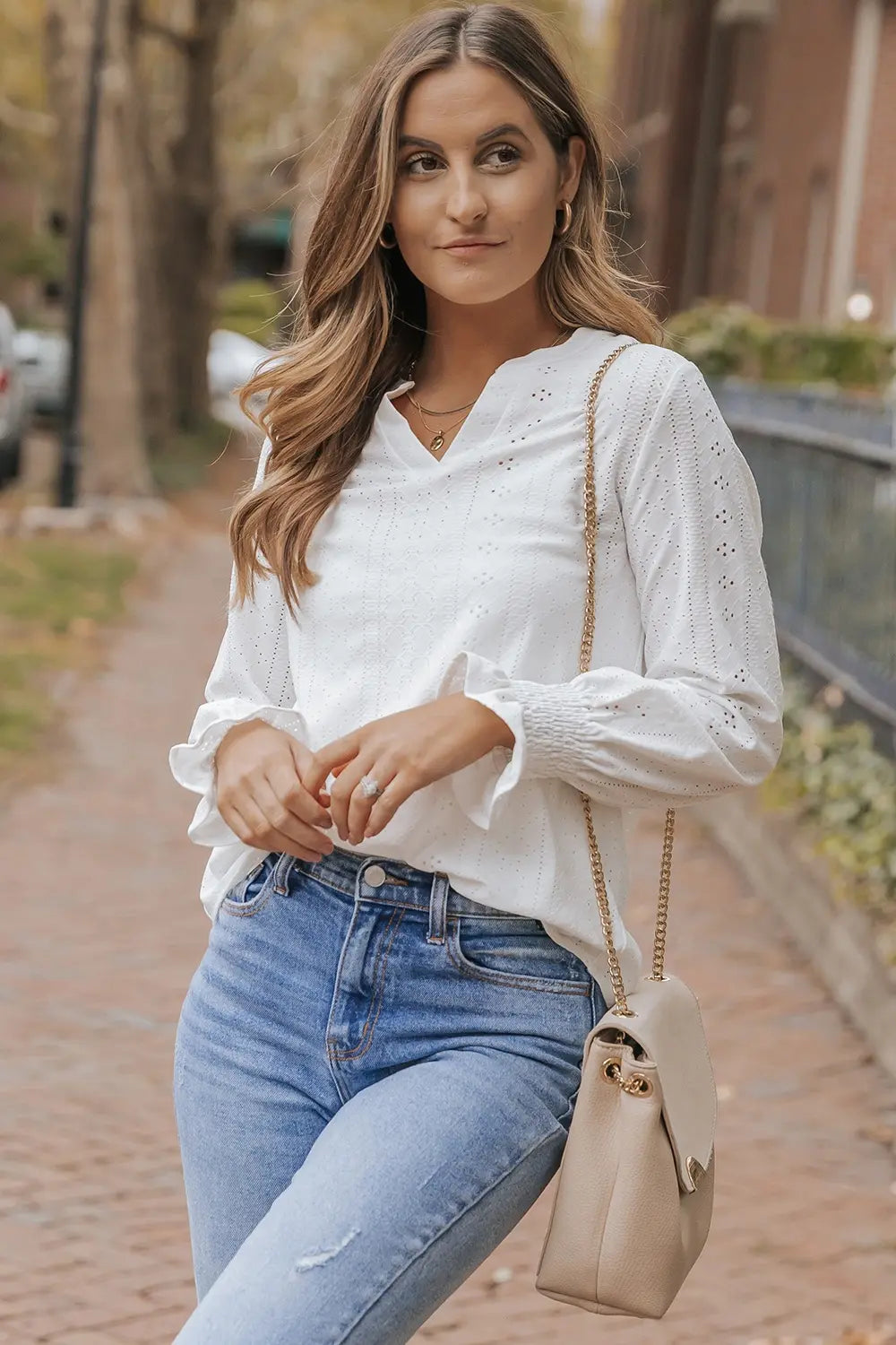 Openwork Notched Flounce Sleeve Blouse-Nordavory