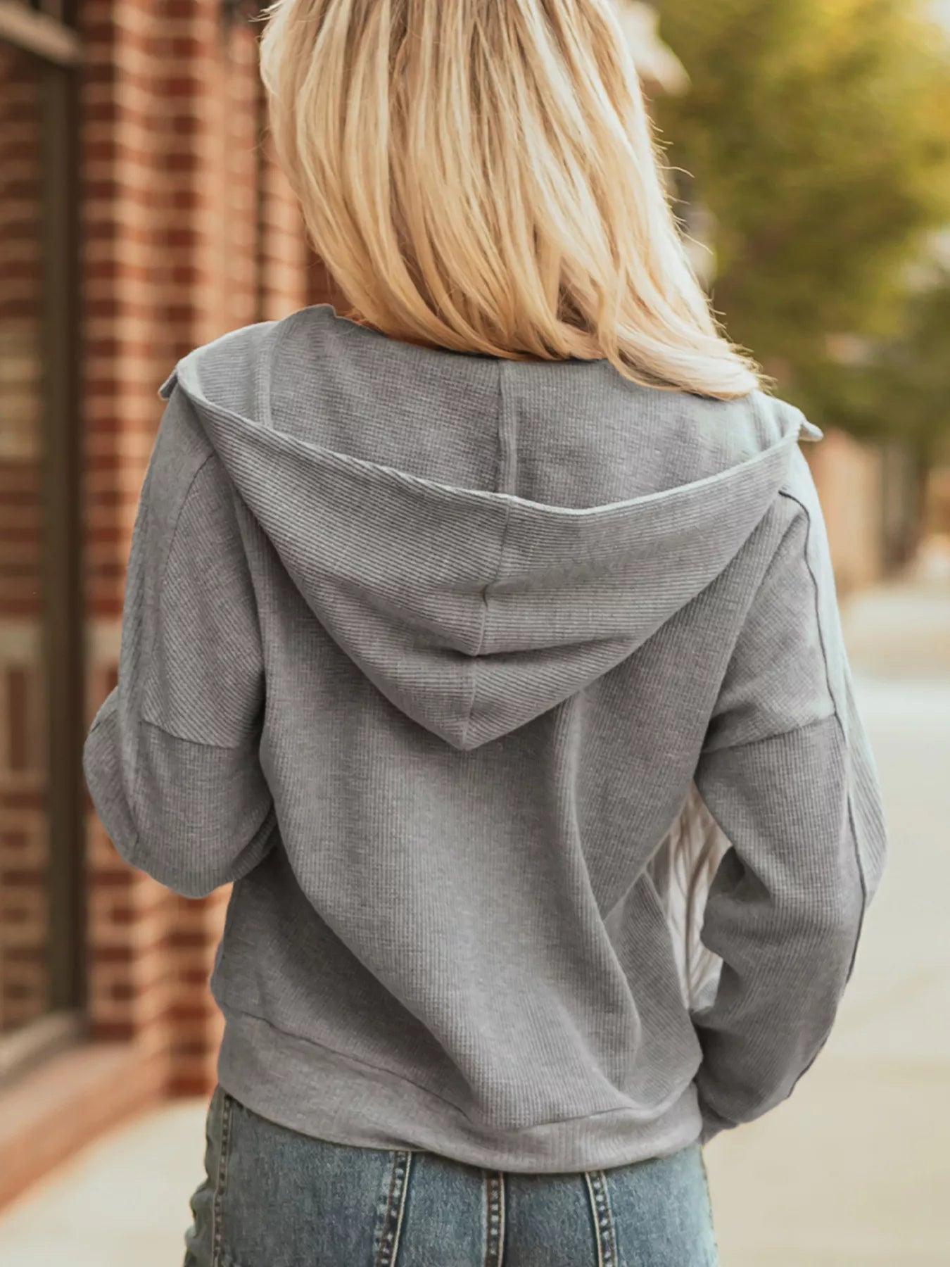 Waffle Splicing Zip Up Front Button Hooded Jacket-Nordavory