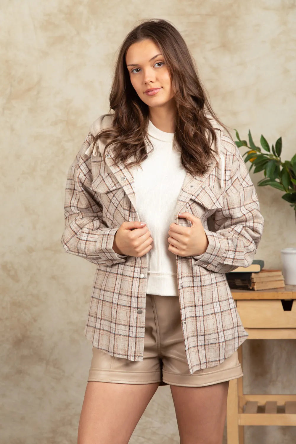 Drawstring Plaid Long Sleeve Hooded Jacket-Nordavory
