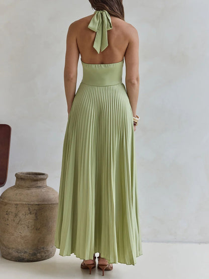Halter Neck Pleated A-Line Dress-Nordavory