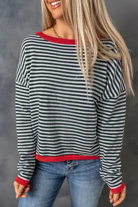 Striped Round Neck Drop Shoulder T-Shirt-Nordavory