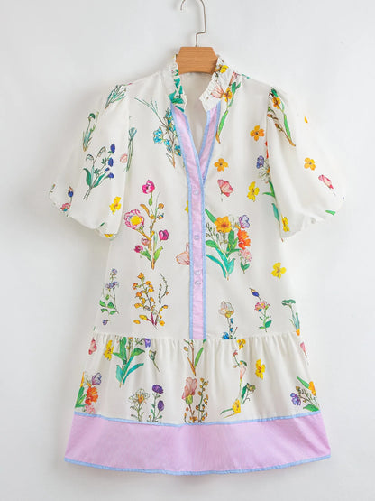 Floral Print Notched Short Sleeve Dress-Nordavory