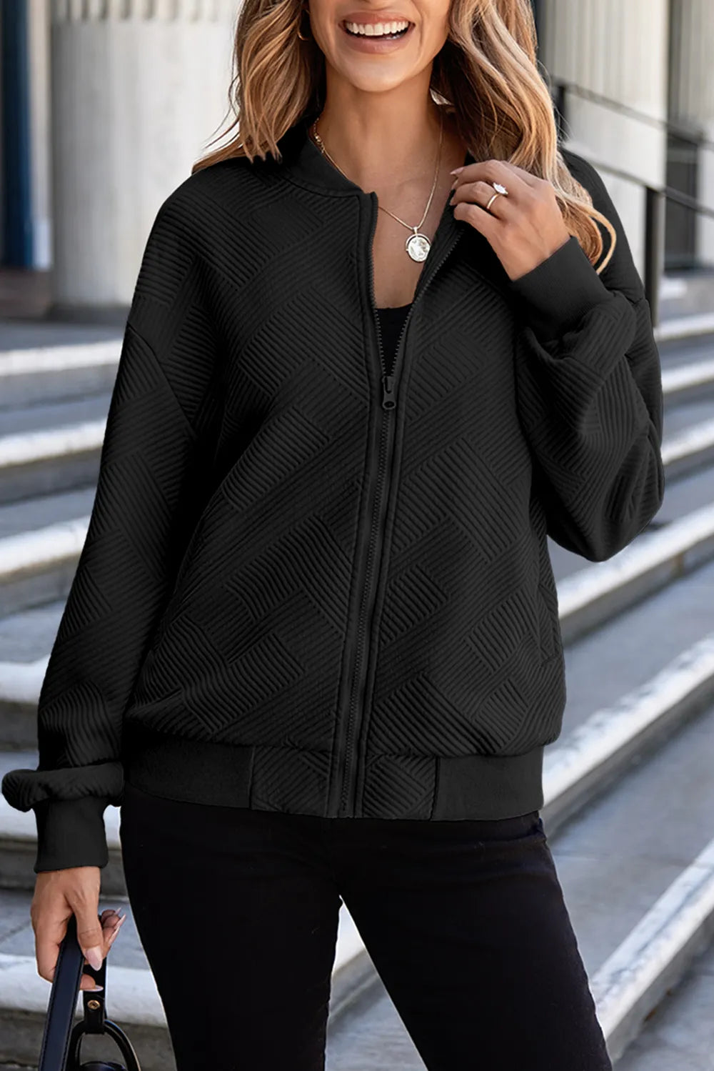 Texture Zip Up Baseball Collar Long Sleeve Jacket-Nordavory