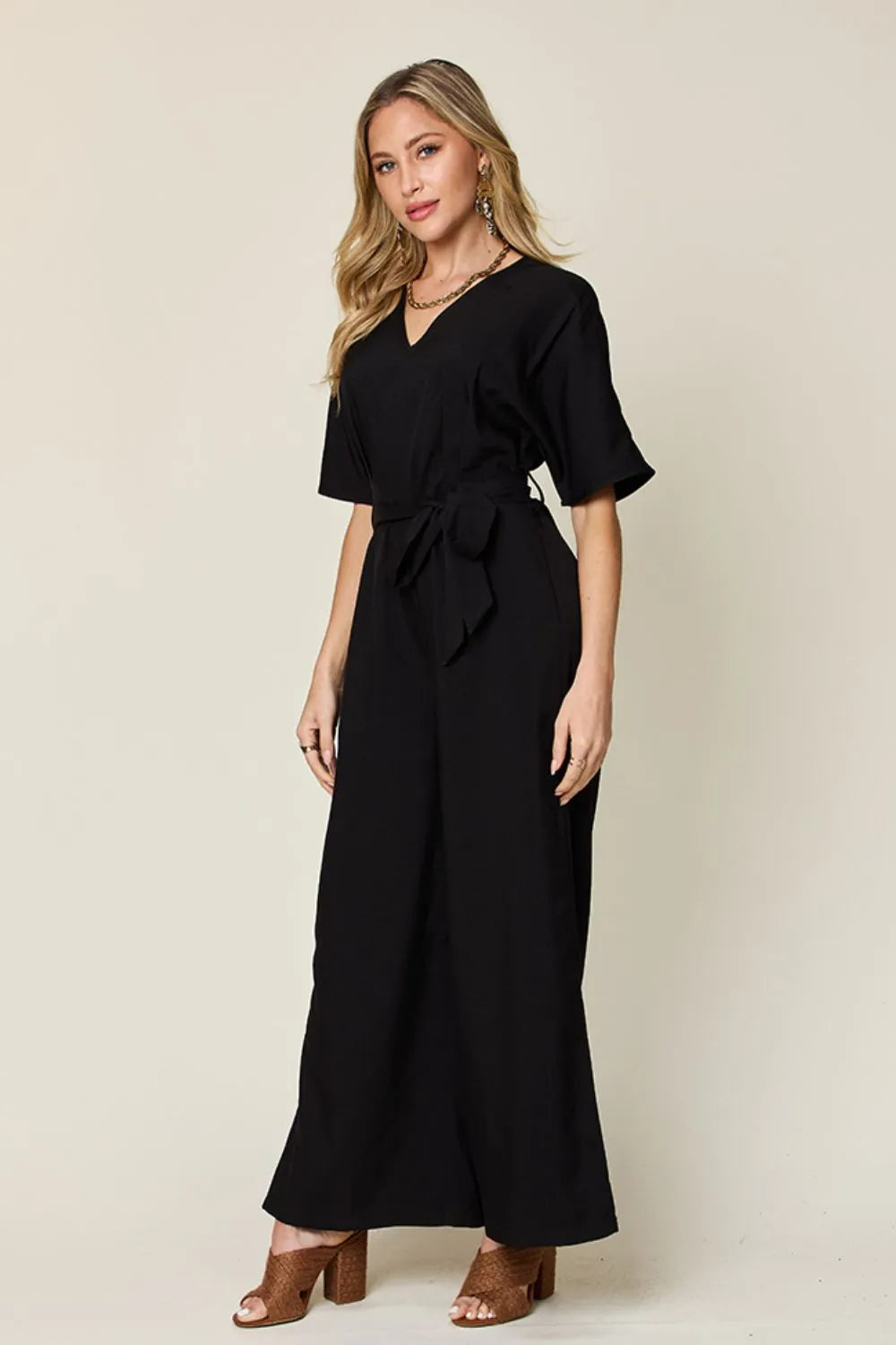 Double Take Full Size V-Neck Tied Side Slit Jumpsuit-Nordavory