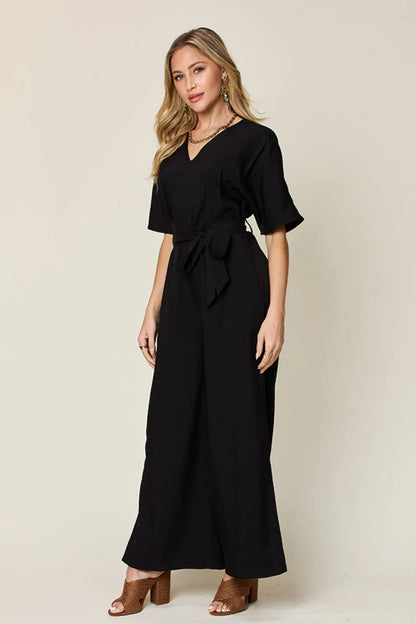 Double Take Full Size V-Neck Tied Side Slit Jumpsuit-Nordavory