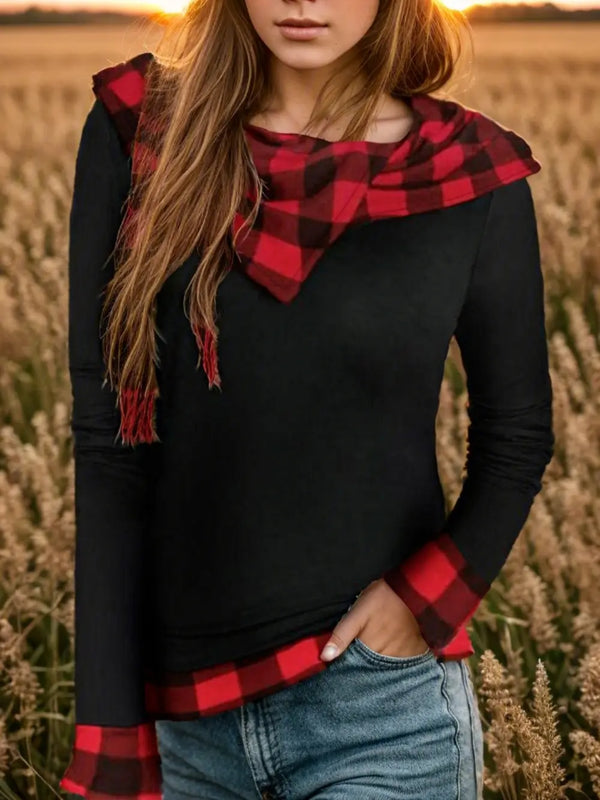 Plaid Long Sleeve Hooded Blouse-Nordavory