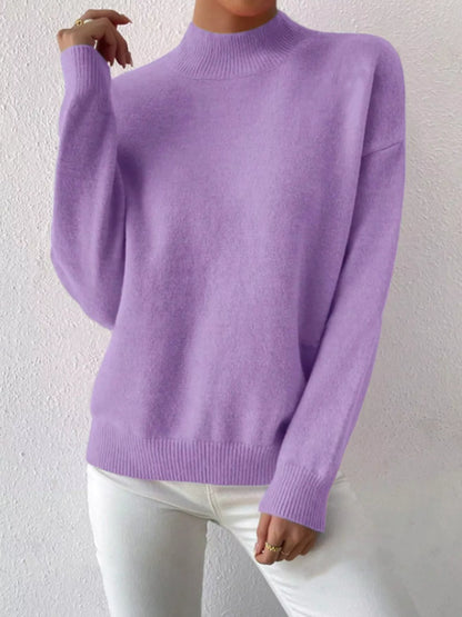Mock Neck Dropped Shoulder Sweater-Nordavory
