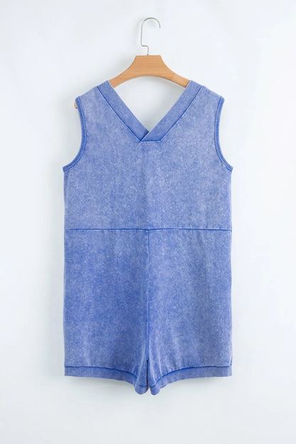 Mineral Wash Pocketed Sleeveless V Neck Loose Romper-Nordavory