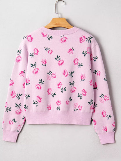 Floral Drop Shoulder Cropped Sweater-Nordavory