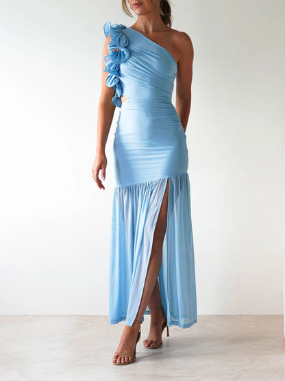 One-Shoulder Ruffle Trim Maxi Dress-Nordavory
