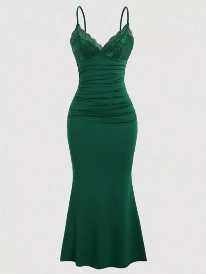 Lace Trim Ruched Mermaid Dress-Nordavory