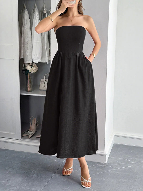 Strapless A-Line Midi Dress with Pockets-Nordavory