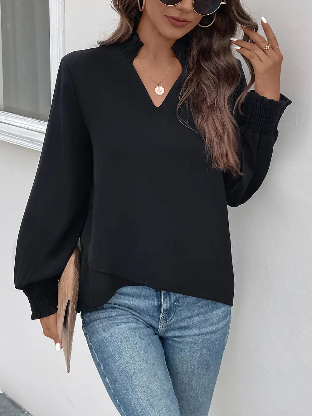 Perfee Smocked Notched Long Sleeve Blouse-Nordavory