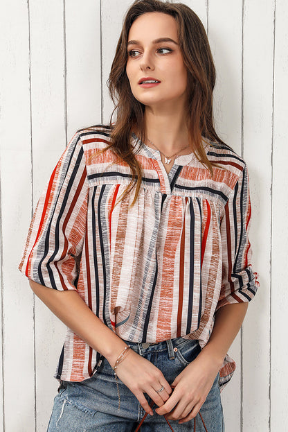 Multicolored Stripe Notched Neck Top-Nordavory