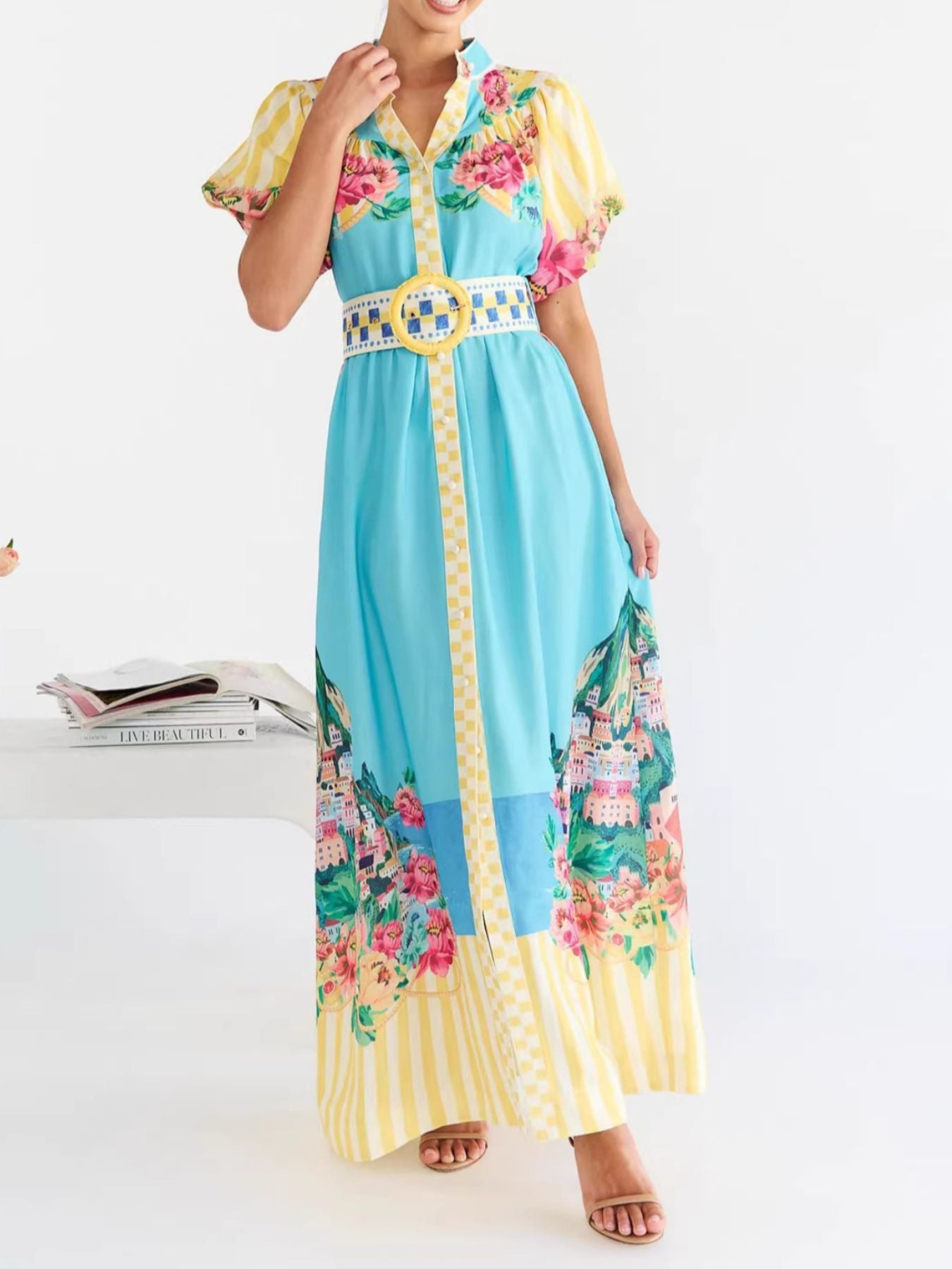 Printed Button Front Puff Sleeve Maxi Dress-Nordavory