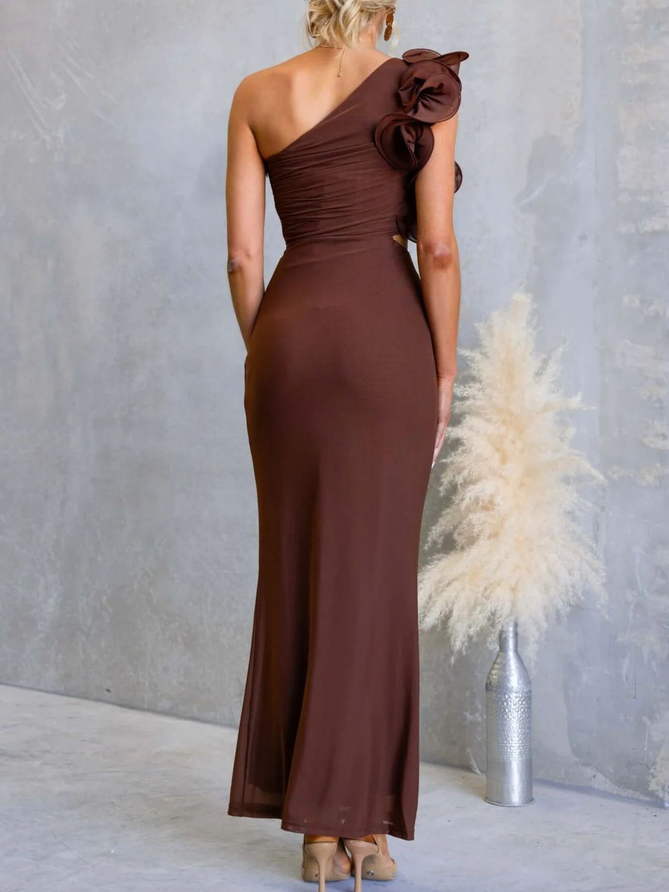 One-Shoulder Floral Trim Sleeveless Maxi Dress-Nordavory
