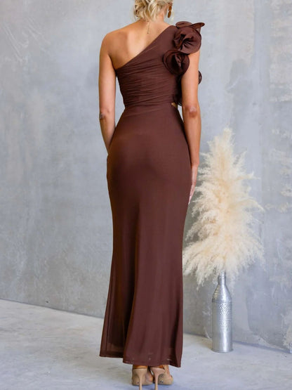 One-Shoulder Floral Trim Sleeveless Maxi Dress-Nordavory