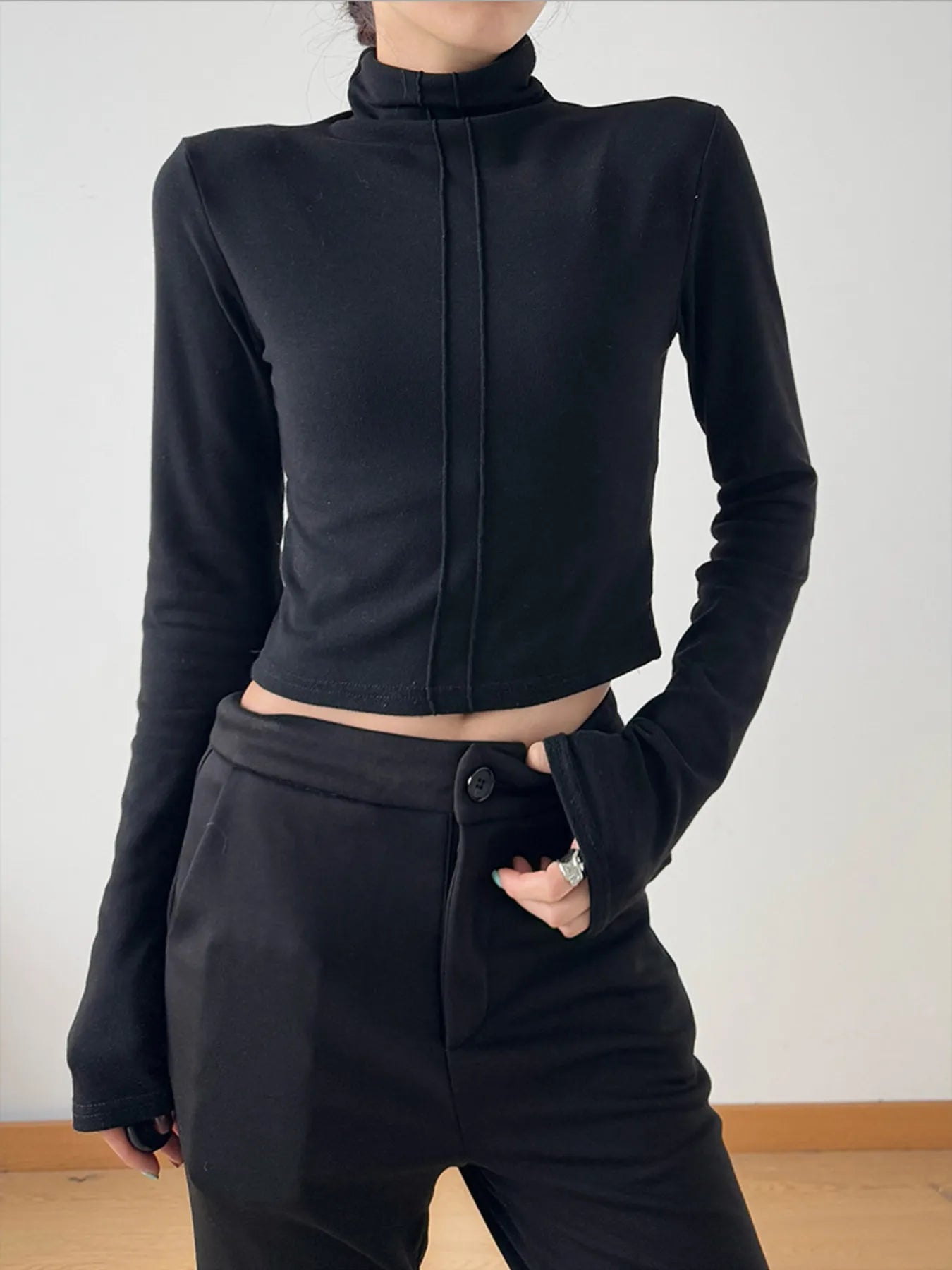 High Neck Long Sleeve Cropped T-Shirt-Nordavory