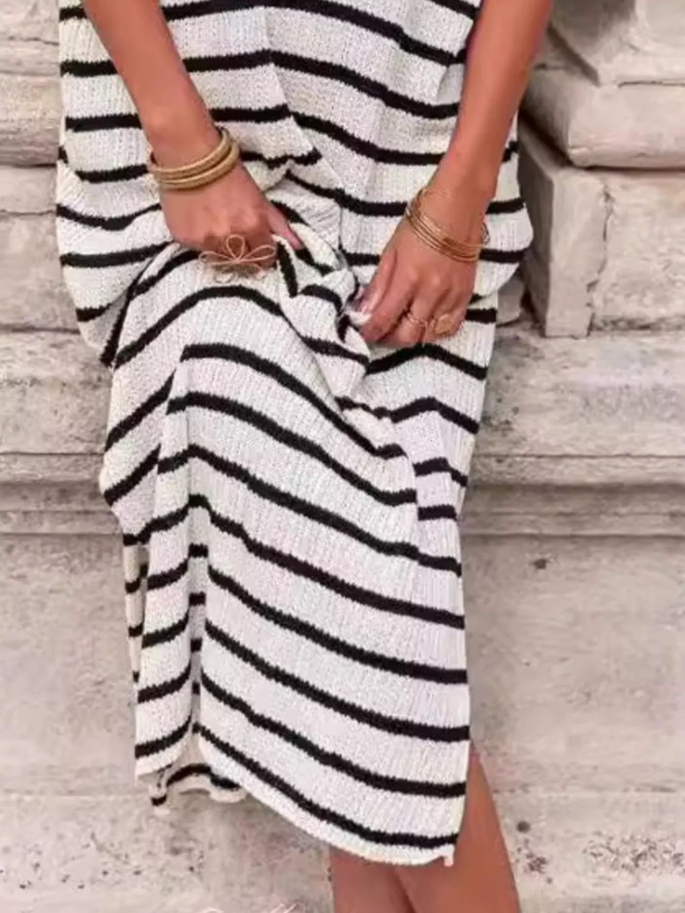 Striped Knit Slit Short Sleeve Midi Dress-Nordavory