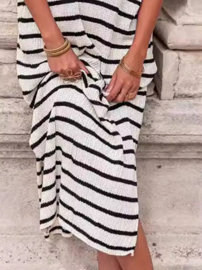 Striped Knit Slit Short Sleeve Midi Dress-Nordavory