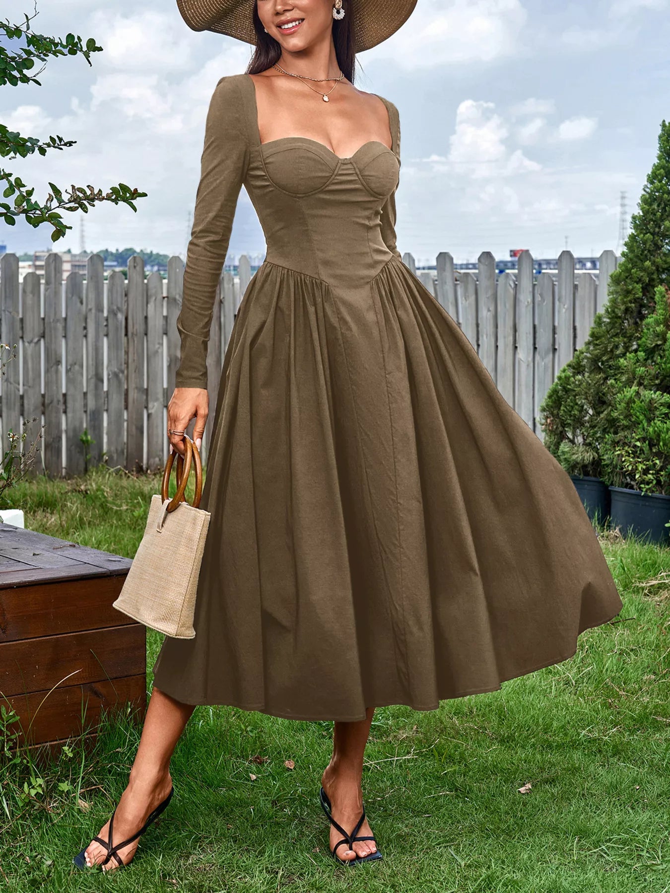 Sweetheart Neckline Long Sleeve A-Line Midi Dress-Nordavory