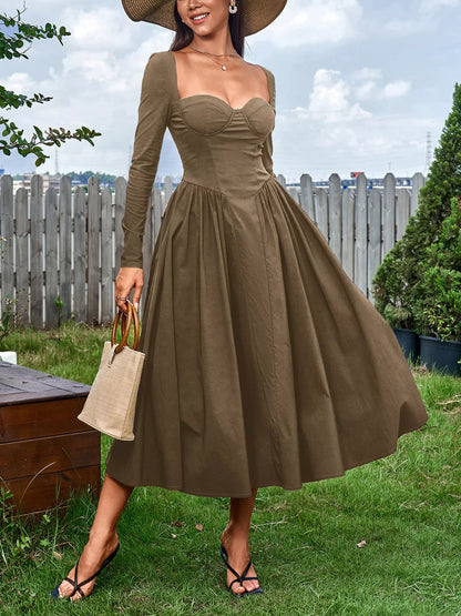 Sweetheart Neckline Long Sleeve A-Line Midi Dress-Nordavory