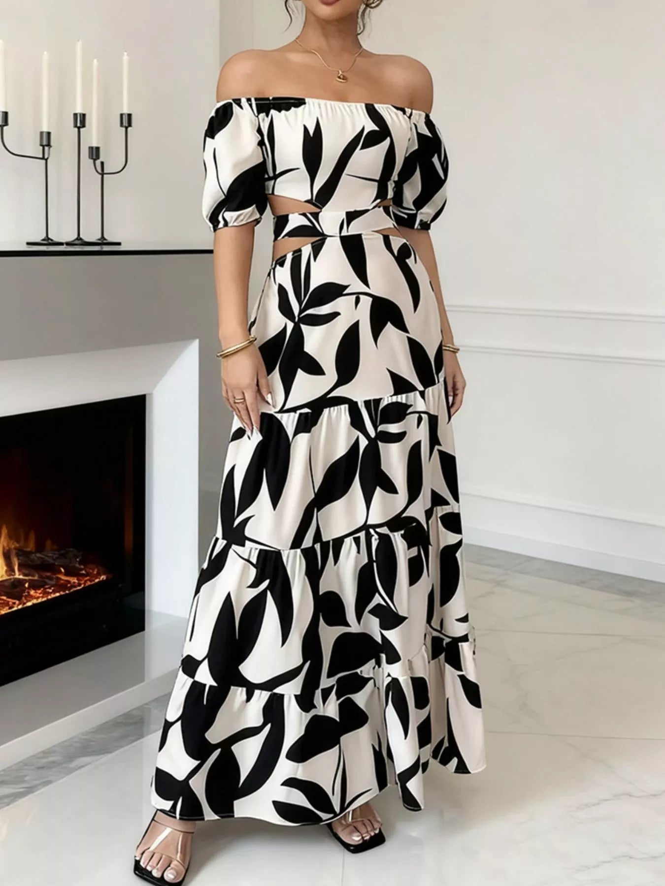 Off-Shoulder Cutout Leaf Print Maxi Dress-Nordavory