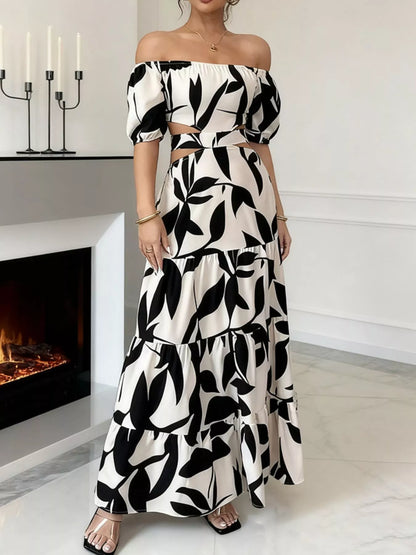 Off-Shoulder Cutout Leaf Print Maxi Dress-Nordavory