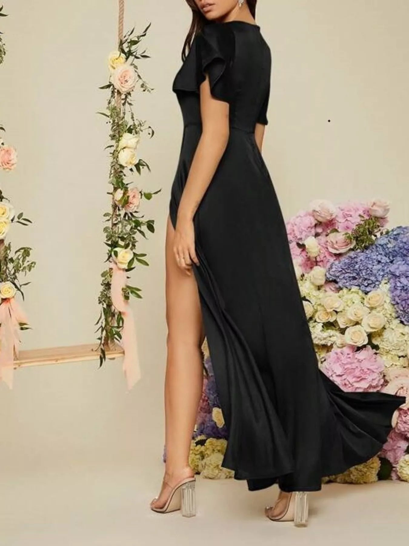 Flutter Sleeve Slit Maxi Dress-Nordavory