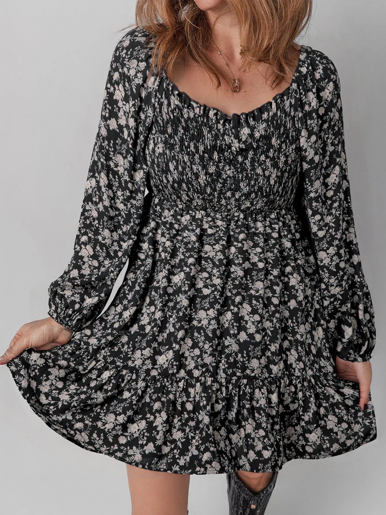 Floral Long Sleeve Frilly Shirred Mini Dress-Nordavory