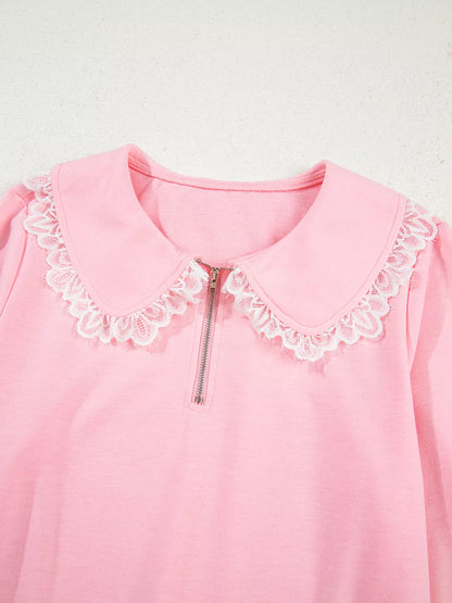 Peter Pan Lace Embellished Neck Sweatshirt and Skirt Two Piece Set-Nordavory