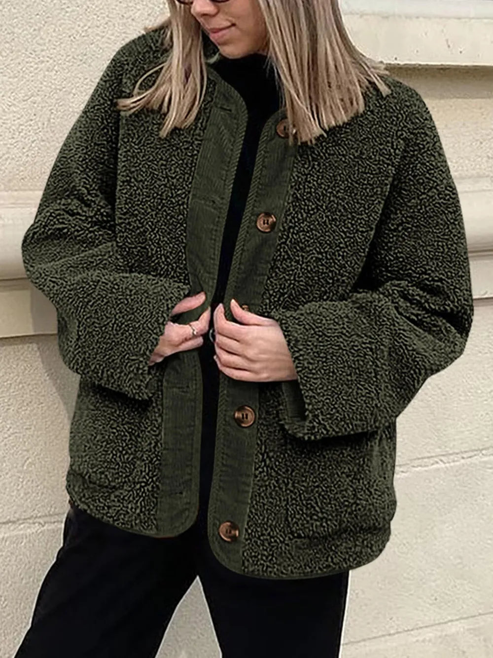 Contrast Button Up Sherpa Jacket with Pockets-Nordavory