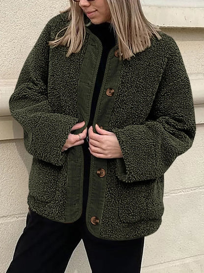Contrast Button Up Sherpa Jacket with Pockets-Nordavory