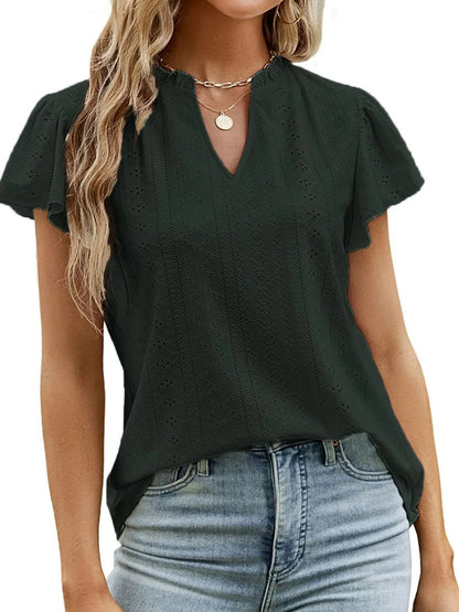 Eyelet Notched Short Sleeve T-Shirt-Nordavory