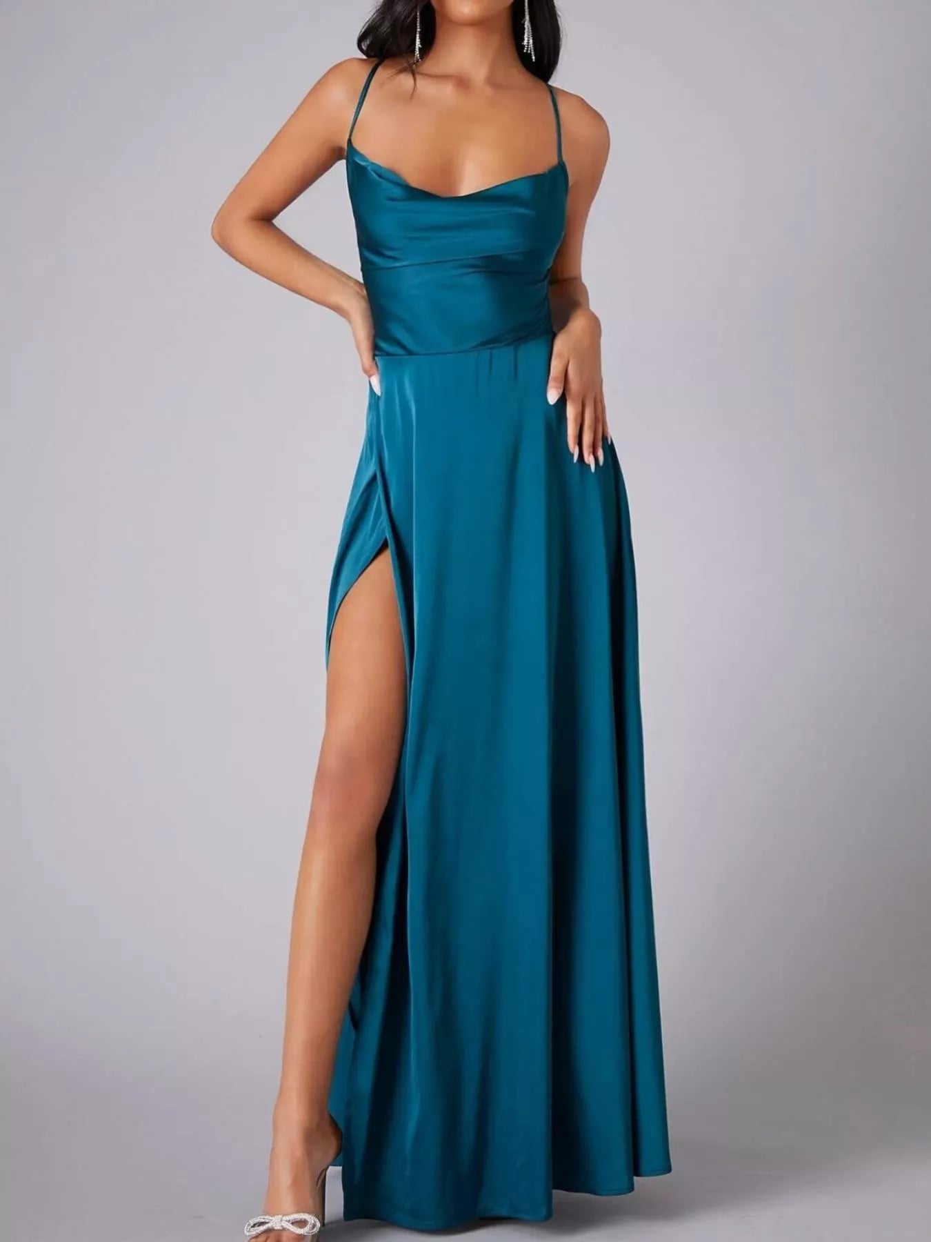 Lace Up Back Split Maxi Dress-Nordavory