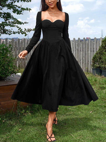 Sweetheart Neckline Long Sleeve A-Line Midi Dress-Nordavory
