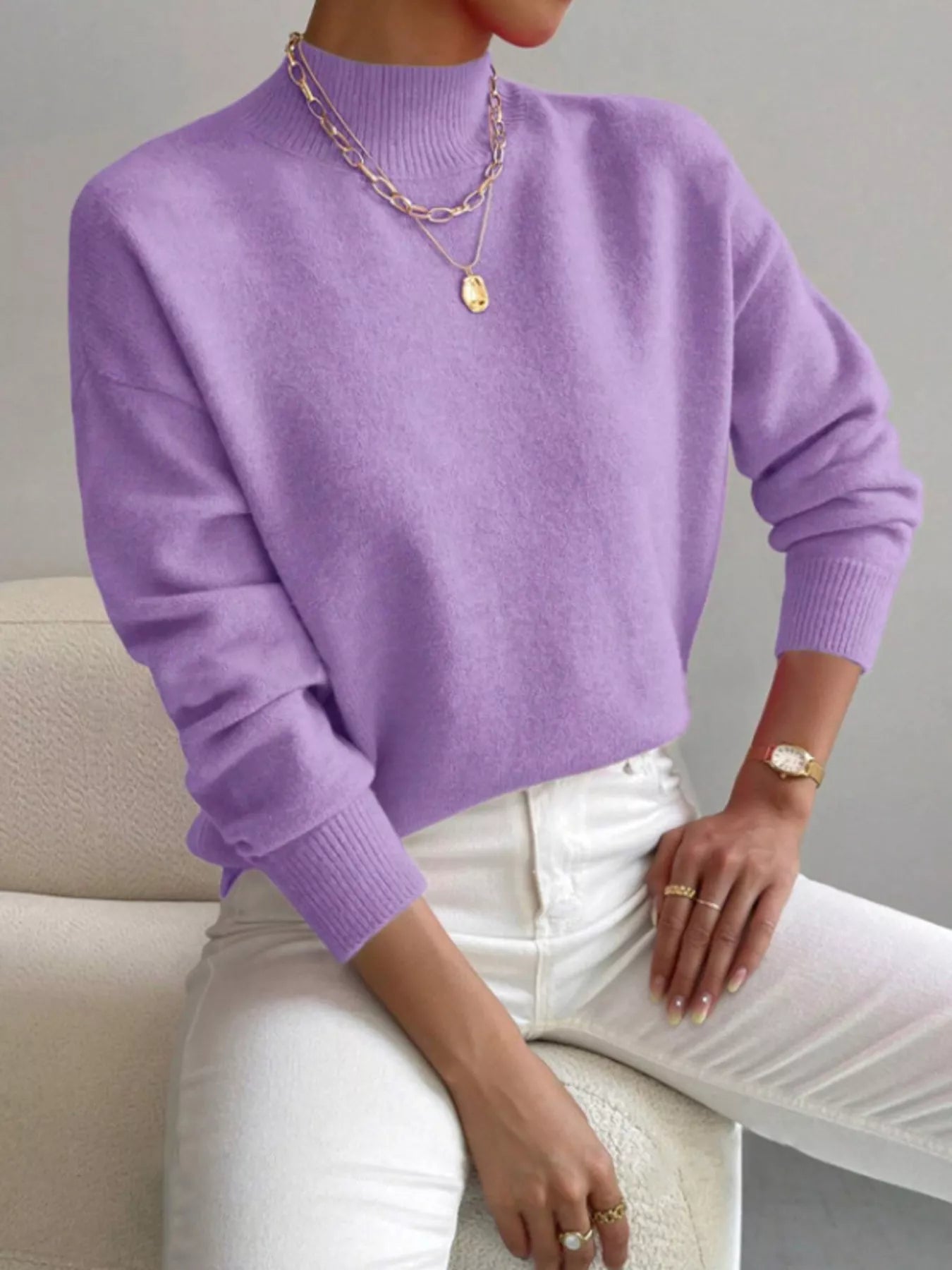 Mock Neck Dropped Shoulder Sweater-Nordavory