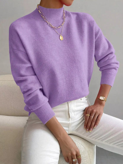 Mock Neck Dropped Shoulder Sweater-Nordavory